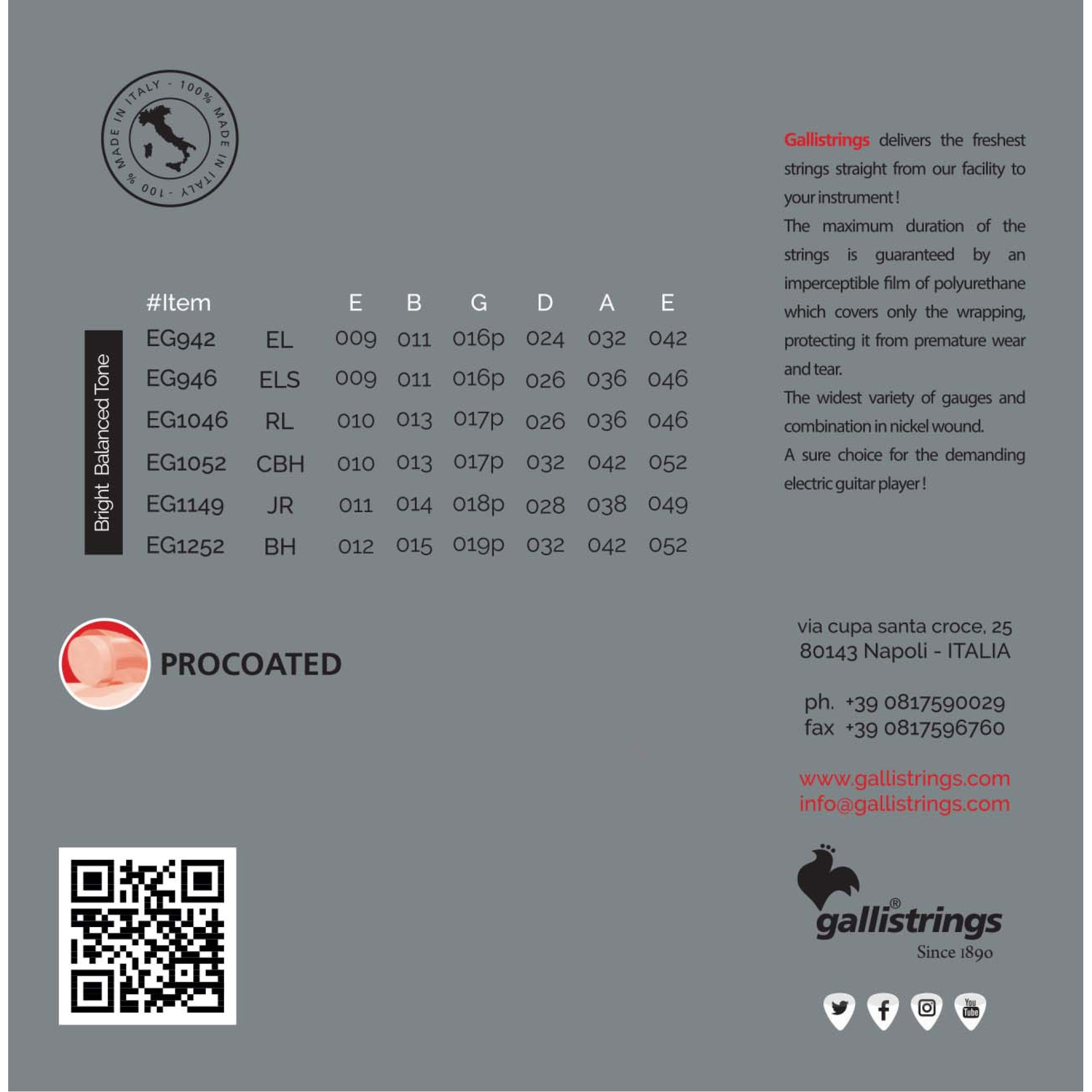 Струни для електрогітари Gallistrings EG1252 (.012-.052), ProCoated, BLUES HEAVY, Steel/Nickel