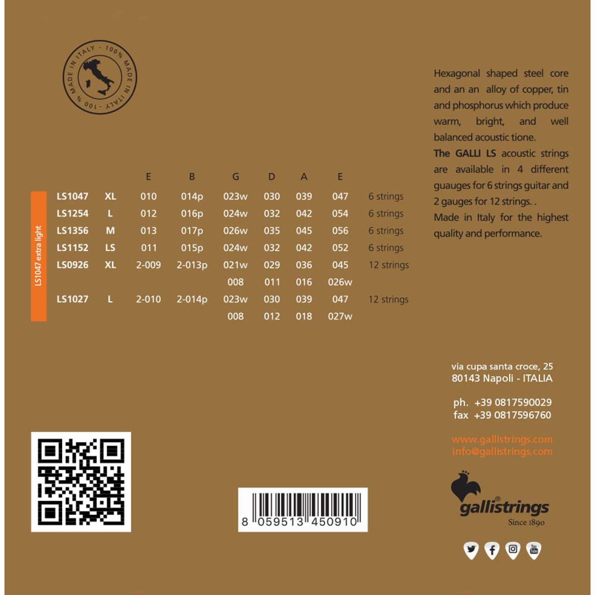Струны для акустической гитары Gallistrings LS1047 (.010-.047), EXTRA LIGHT, Phosphor Bronze