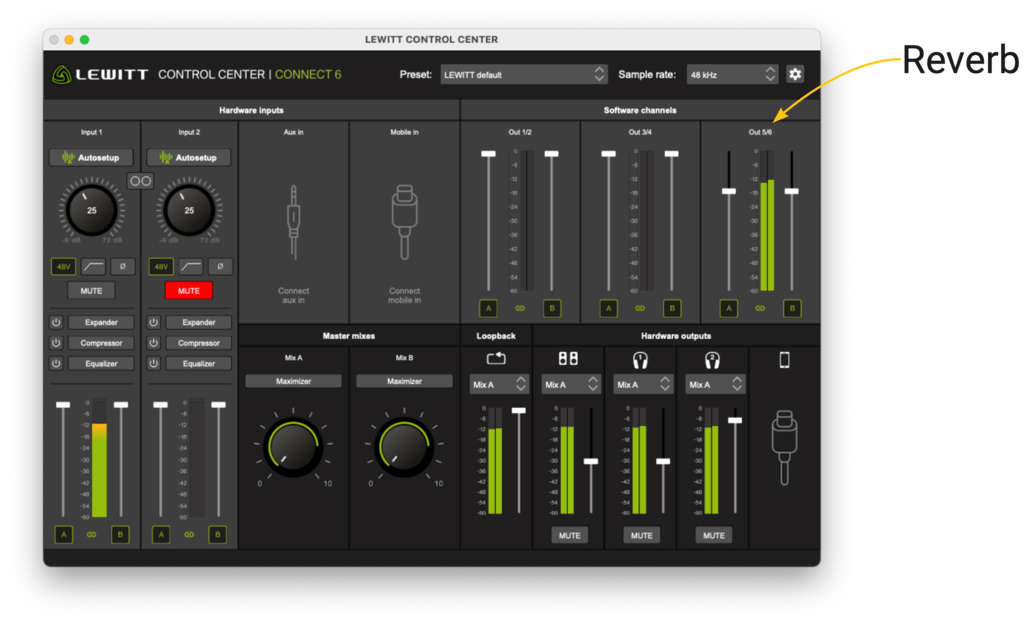 Встановіть бажану кількість реверберації за допомогою фейдерів Out 5/6 у CONNECT 6 CONTROL CENTER